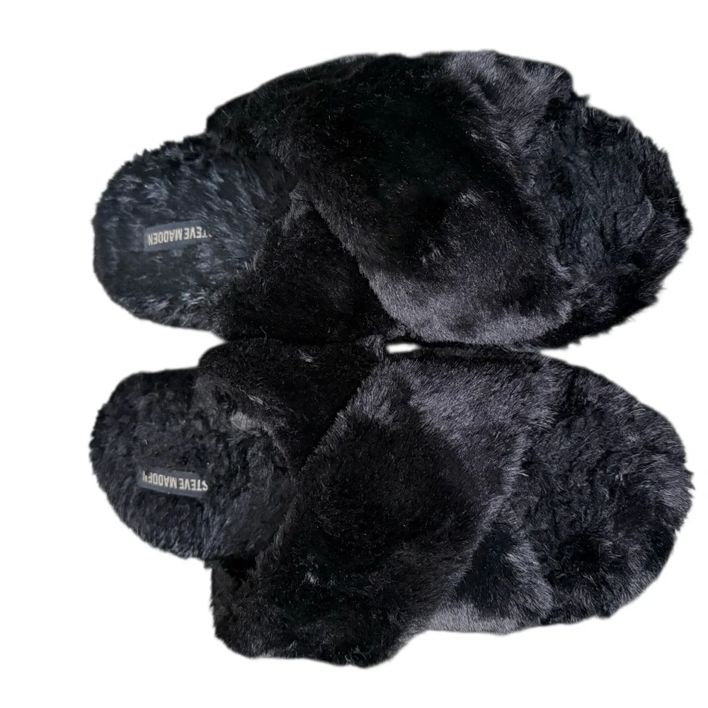 Steve Madden Women's Faux Fur Criss Cross Comfy Slippers Size Largest Black - Picture 7 of 7